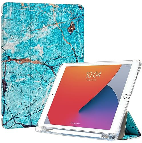 ProtUTab Étui Fin Compatible avec iPad 9 génération avec Porte-Crayon, Fonction Veille/réveil Automatique, Compatible avec iPad 8 génération (2020) et 7 génération (2019), marbre Turquoise