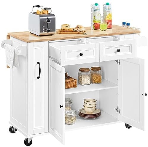 Yaheetech Kitchen Island with Extendable Rubberwood Tabletop, Rolling Kitchen Storage Trolley on Wheels with 2 Side Pull-outs & 2 Drawers & Adjustable Shelves, Dining Room Organiser Sideboard Cabinet