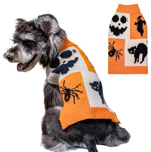 CuteBone Halloween-Geister-Hundepullover für kleine Hunde, Totenkopf-Strickpullover für Haustiere, Winterkleidung Pullover für Welpen warme Strickwaren mit Loch für die Leine DS61XXL-DE