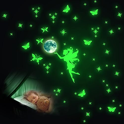 Feen Leuchtender Wandaufkleber, Leuchtsterne Selbstklebend Wandtattoo,Kinderzimmer Mädchen Leuchtsticker,Leuchtsticker Fee Wandsticker,Sternenhimmel Leuchtaufkleber für Babyzimmer Mädchen Dekoration