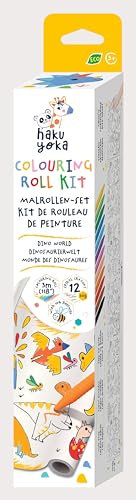 Haku Yoka 6303067 Wachsmal-Set, Malrolle Dinosaurier, 12 Bunte Wachsmalkreiden mit selbsthaftender Malvorlage, für Kinder ab 3 Jahren