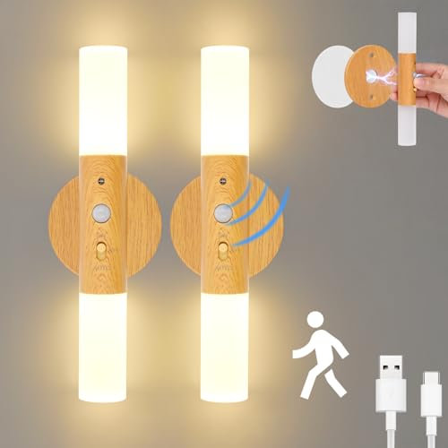 Birnetek® Led Wandleuchte Innen 2 Stück, Nachtlicht mit Bewegungsmelder, USB Aufladbare Holz Wandleuchte Ohne Stromanschluss und Bohren für Schlafzimmer Flur Treppenhaus Nachttisch (Holzmaserung)