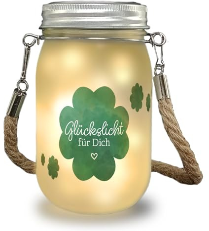 speecheese Glückslicht Solarlicht mit Kleeblatt und Spruch ein romantisches Dekolicht für dein Zuhause Einmachglas Licht Dekolampe Glücksbringer Lampe Frauen Wohnzimmer Henkel Liebe