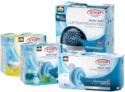 Pattex AERO 360º Luftentfeuchter, 1 Gerät + Nachfülltab 1x450g & Neutral Nachfülltab, 4x450g & Waldblumenwiese Nachfülltab, 2x450g & Frischer Wasserfall Nachfülltab, 2x450g