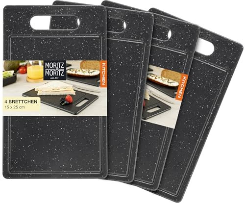 Moritz & Moritz 4x Schneidebretter Kunststoff mit Saftrille in Granit Optik - 25 x 15 cm - Schneidebretter BPA frei - Frühstücksbrettchen - Schneidebrett Set hygienisch und spülmaschinenfest