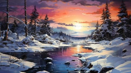adrium Holz-Bild 110 x 60 cm: Eine verschneite Straße mit Bäumen und einem bunten Himmel. Generative KI. (208971162)