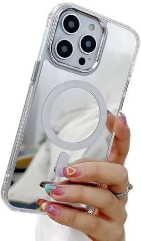 Rnrieyta Miagon Mirror Magnetic Case for iPhone 13 Pro,Cover [Compatible with Magsafe] Makeup Mirror Effect Bright Reflection Plating Bumper Back Rubber Phone Case