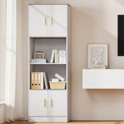 Idemon Freistehende Vitrine 60x40x180 cm weiß - 4 Türen mit offenem Fach in der Mitte mit leise schließenden Scharnieren - Küchen-Highboards, Wohnzimmerständer, Vitrinen, Bücherregale