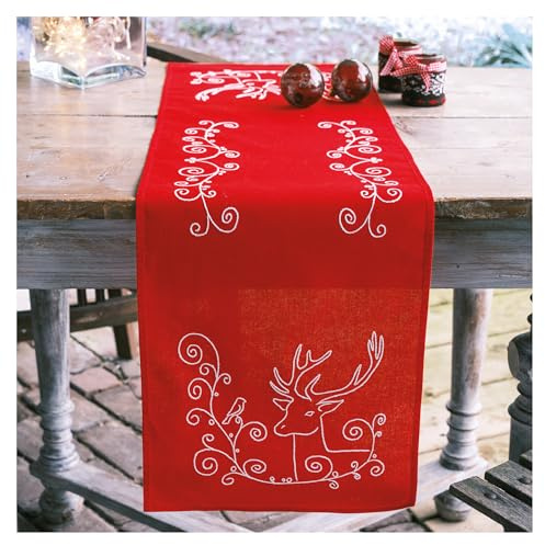 Vervaco Stickpackung Kreuzstich Set Vorgedruckt Tischläufer Elch und Vogel Stickdecken Vorgezeichnet DIY Basteln Erwachsene Kreativ Stickläufer zum Selbersticken 30 x 105 cm Stickset