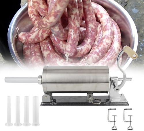 SABUIDDS 3L Wurstfüller Manuell Wurstfüllmaschine aus Edelstahl & Metall Wurstmaschine Silber inkl. 4 unterschiedlichen Füllrohren Wurstspritze mit Handkurbel für Heimgebrauch und Unternehmen
