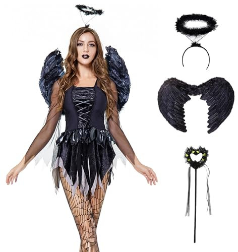 Suffolly Disfraz Angel Negro Mujer, Disfraz Vampiresa Mujer, Disfraz Halloween Mujer con Ángel Stick Disfraz Vampiro Mujer Sexy Black Bat Angel Accesorios para Carnaval Mascarada (negro, L)
