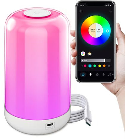 Irishom Veilleuse LED, 7 Couleurs Changeantes 3600 mAh RVB, Contrôle Tactile Intelligent, Lampe de Table de Chevet, Intensité Variable, avec Microphone et Musique, Veilleuse Sans Fil pour Chambre