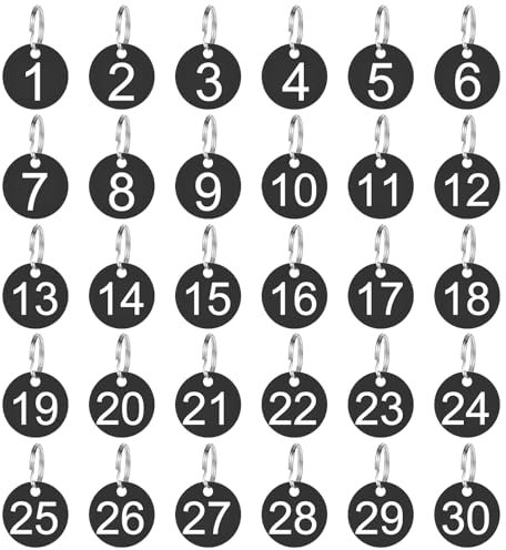 30 Stück Nummernschilder aus Kunststoff Runde Zahlenmarken 1-30 Graviert Nummeriert ID Tags mit Schlüsselringe Schlüsselanhänger Zahlen Wasserdichte Zahlenanhänger (Lila+Schwarz)
