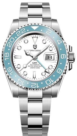 Pagani Design GMT Herren 40 mm Automatikuhr Saphirglas Edelstahl 100 Wasserbeständigkeit Analoguhr Mechanische Herrenuhren Geschenkuhr für Herren(Himmelblau Weiß-3)