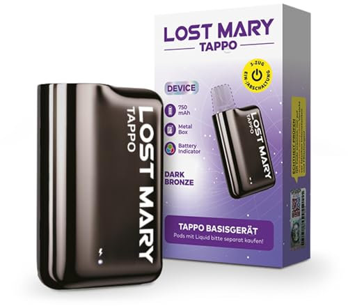 Lost Mary TAPPO Pod Akkuträger, Pod Mod, nachfüllbares elektronisches Zigaretten Basisgerät, E-Zigarette Pod System mit 750mAh Pod Akku, USB-C Anschluss, Akku-Anzeige, Metallbox - 2 Dunkle Bronze