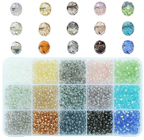 Bala&Fillic 4mm Briolette Glass Beads Faceted Rondelle Crystal Beads, DIY Craft Beads for Bracelet Assorted 15 Colors with Container Box (Total 1500pcs)