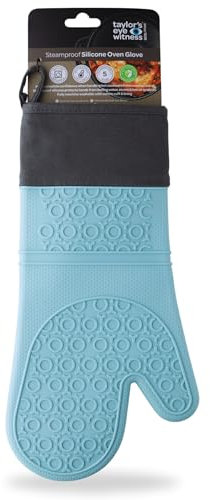 Silicone Oven Glove Aqua Stripe – Steam Proof, Waterproof Heat Resistant (Upto 250°C/480°F). Safe From Boiling Water & Hot Oil. Machine Washable, BPA & Phthalate Free. 5 Year Guarantee.