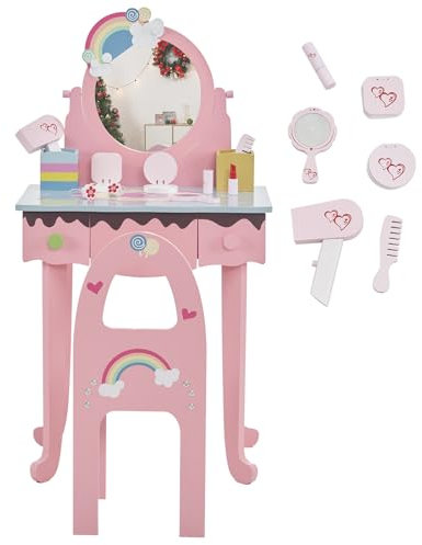LALAHO Schminktisch Kinder mit Hocker Frisiertisch Kinderschminktisch für Mädchen Frisierkommode mit Schublade mit 7 Pretend Play Makeup Toys (Rosa)