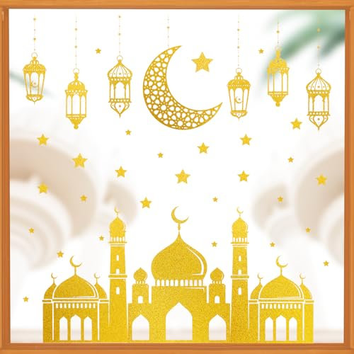 BETESSIN Ramadan Deko Gold Glitzer - 4 Bögen Ramadan Fensterbilder Selbstklebend - Statisch Haftende Fensteraufkleber Ramadan Sticker - Fensterdeko für Muslim Islam Ramadan Eid Dekoration