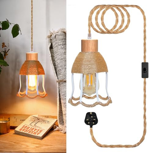 Hemp Rope Plug in Pendant Lighting Cord Kit, 500 CM Cable Wood E26/E27 Lamp Holder with Switch, Include White Flower Shaped Metal Lampshade, Plug in Ceiling Light, Hanging Rope Light Fitting, No Bulb