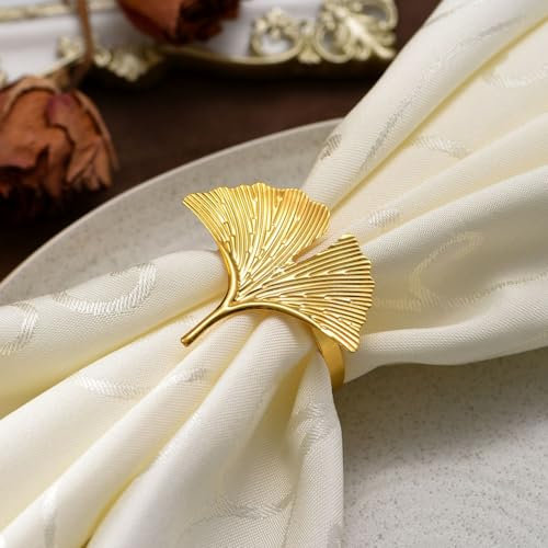 Set mit 12 Serviettenringen, Stoffserviettenhalter-Ringe, Serviettenringe, fächerförmige Blatt-Serviettenschnallen für Tischdekoration, Hochzeit, Party, Urlaub, Bankett (Gold, 5.8x4.8CM)