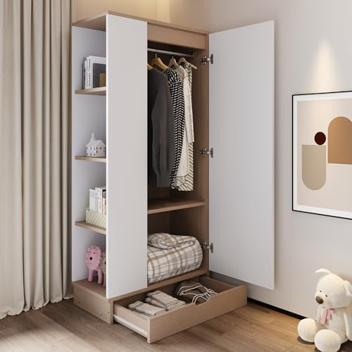 Moimhear Armario de 70 x 40 x 170 cm, acabado de una puerta, con estantes y cajones (blanco + color madera (modelo de puerta individual con 1 cajón)