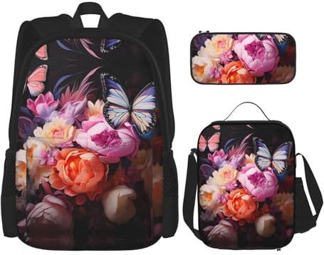 WZYCWB Butterflies and Fresh Bush Campus Rettungsrucksack-Set (3-teilig) - Schultasche + Federmäppchen + Lunchtasche, erfüllt alle täglichen Bedürfnisse von Schülern!, Schwarz, Einheitsgröße, Schwarz