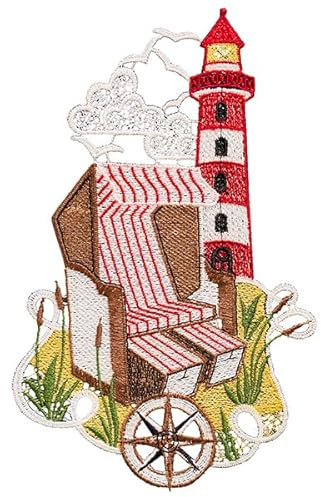 Raebel OHG, Fensterbild Strandkorb und Leuchtturm, Plauener Stickerei ®, ca. 15 x 23,5 cm