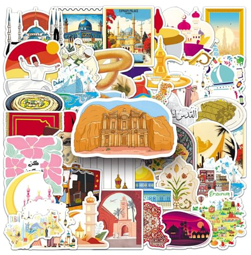Mddle East Stickers 50 Pcs Vinyl Cool Cartoon Famous Buildings Sticker for Water Bottle Laptop Bumper Luggage Skateboard Car,Waterproof Funny Middle East Places of Interest Decal for Teens Girls