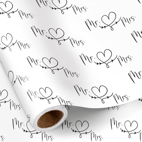 RUSPEPA Hochzeits-Geschenkpapierrolle, Mini-Rolle, schwarz-weißes „Mr. & Mrs.“-Design mit Herz- und Pfeilmuster, romantisches Geschenkpapier für Hochzeiten, Verlobungen und Jubiläen, 43,2 cm x 5 m