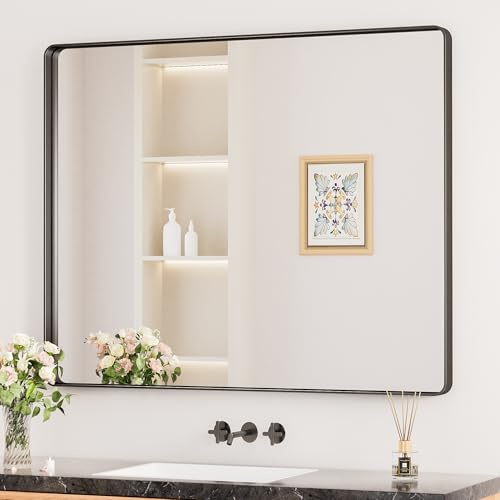 Keonjinn Wand Spiegel Schwarz 105x90cm, Badezimmerspiegel Badspiegel mit Metallrahmen, Gehärtetes Glas Rechteckiger Spiegel Flur für Badezimmer, Wohnzimmer, Schlafzimmer, Wanddekoration
