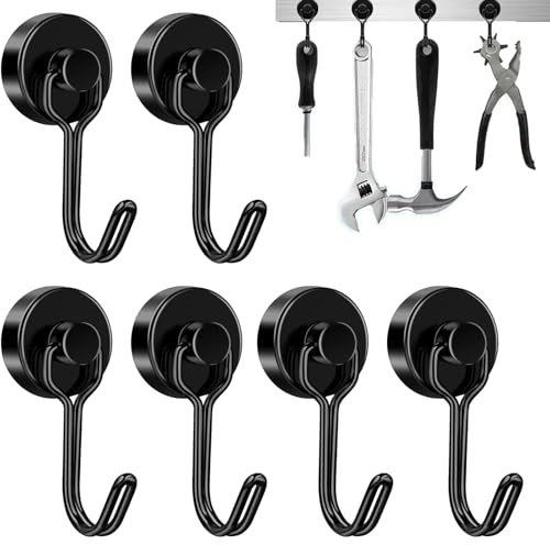 Kisstta 6 Stück Magnethaken Extra Stark, 25mm Neodym Magnete Extra Stark Hält 15kg, Drehbar Schwarz Magnet Haken zum Aufhängen Gadgets, für Decke, Küche, Büro, Grillständer, Garage