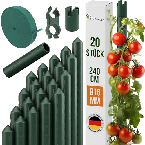 TTL GARDEN Rankstäbe 20er Set 240cm x 16mm Ø grün extra stabil & rostfrei | 16 mm Rankhilfe Pflanzstäbe + Klettband + Clips Stahl kunststoffbeschichtet Pflanzenstütze Blumenstütze Tomate Paprika Blumen