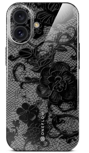 ONEFLOW für iPhone 16 Hülle mit Design Muster, Designer Case Handy Schutzhülle mit Kameraschutz, Hardcase Bedruckt dünne Handyhülle, Splash Cover, Floral Spitze Schwarz