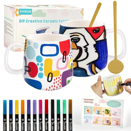 EVIEUN Keramik Bemalen Set Weiße Tassen Bemalen Set,Mit 2 Tassen 360ml | 12 Malstiften und 2 Löffeln,Kreativität im Haushalt,Erwachsene DIY Becher Handwerk Bastelset