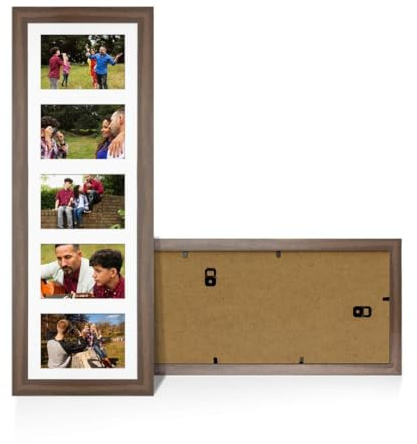 Procut Global 26x8 Sleek Walnut Photo Frame For Multiple Pictures | White Mount with 5 Apertures to Fit 6x4 Photos, Multi Aperture Collage Frame for Friends & Family Photos - Wall Hanging