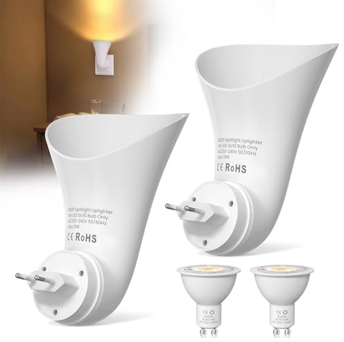 BrightArk Plug in GU10 Wandfluter Steckdosenlampe, Spotlights mit GU10 Fassung, Steckdose Lampe mit Stecker, Indirekte Wandbeleuchtung Innen, Kleine Nachttischlampe, 2 Stück, mit LED Warme Licht Lampe