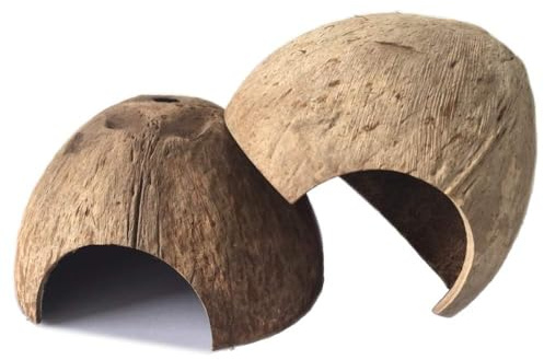 Kathson Natural Coconut Reptile Hideouts Lizard, Coco Hut Hermit Crab Hut Aquarium Fish Hide Cave for Small Reptile Crested Gecko Leopard Gecko Spider Snail Climber Toys (2 PCS Natural Surface)