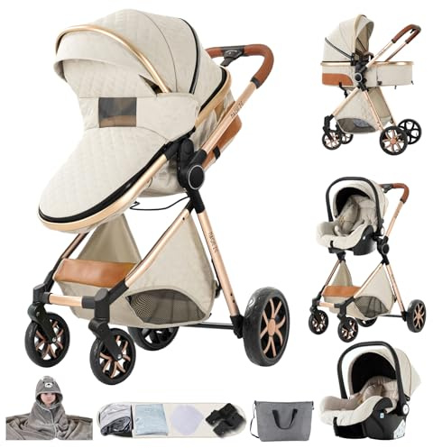 Aveainelle Kinderwagen 3 in 1, Babywagen, Baby Stroller | Einklappbar per Knopfdruck, verstellbarer Sitz, in beide Richtungen schiebbar, Fünfpunktgurt, von Neugeborenen bis 4 Jahre
