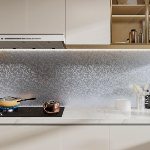 VaryFloral 30cm x 300cm Silver Self Adhesive Wallpaper Metallic Contact Paper Stainless Steel Cloud Pattern Waterproof Vinyl Wrap for Kitchen Cupboard