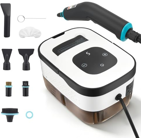 Limpiador a Vapor 2500W, 4.5BAR Alta Presión, Calentamiento 15s, Depósito 1250ml, 9 Accesorios, 2m Manguera, Aporeta Limpieza Hogar Potente para Cocina, Coche, Suelo