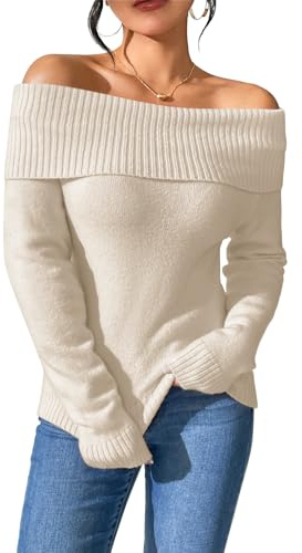 SWOAMER Damen Off Shoulder Strickpullover Sexy Schulterfreier Slim Fit Pullover Langarm Pulli Warm Casual Winter Oberteil