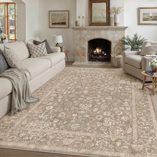 PureCozy Teppich Wohnzimmer Dunkelbraun 200x300cm Bumen Boho Teppiche | Weicher Kurzflor, Rutschfest, Pflegeleicht, Vintage Carpet, Schlafzimmer, Esszimmer, Büro ,Kinderzimmer