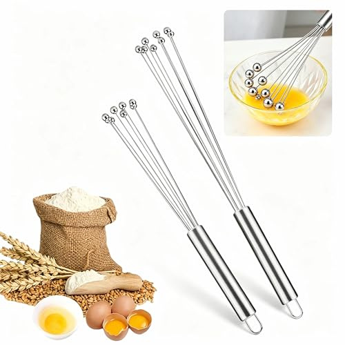 2 Pack Stainless Steel Ball Whisk Set 304 – 10 & 12 Inch Wire Egg Whisk Manual Egg Beaters Mixer for Fast Whipping Cream Sauces Blending Stirring