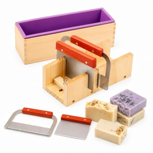Soap Cutter Set Wood 5 Pieces 1.4 L Soap Moulds Adjustable Soap Cutter with Wave Knife Stainless Steel Straight Knife Cover for DIY Soap Handmade (Set of 5 Soap Cutter Set Wood)