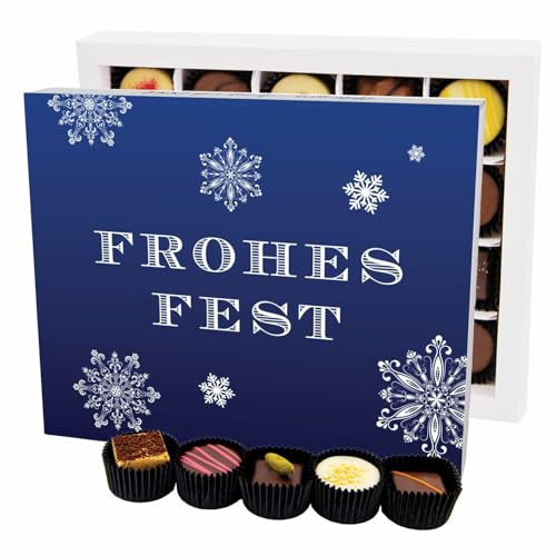 Hallingers Genuss Manufaktur Pralinen Weihnachts-Geschenk - ohne Alkohol, handmade aus Confiserie-Edelkakao in wertiger XL-Geschenkbox Frohes Fest Blau, Weihnachten für Frauen Männer