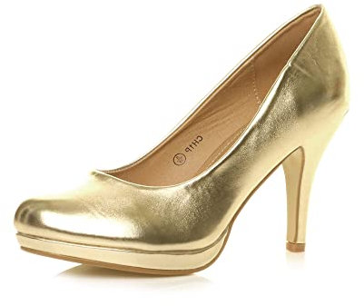 Womens Ladies mid high Heel Platform Work Evening Court Shoes Pumps, Gold Metallic, 4 UK