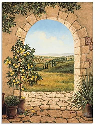 ARTland Wanddeko Wandbild Alu Verbundplatte für Innen & Outdoor Bild 45 x 60 cm Landschaften Fensterblick Malerei Creme Zitronenbaum vorm Torbogen A7CU