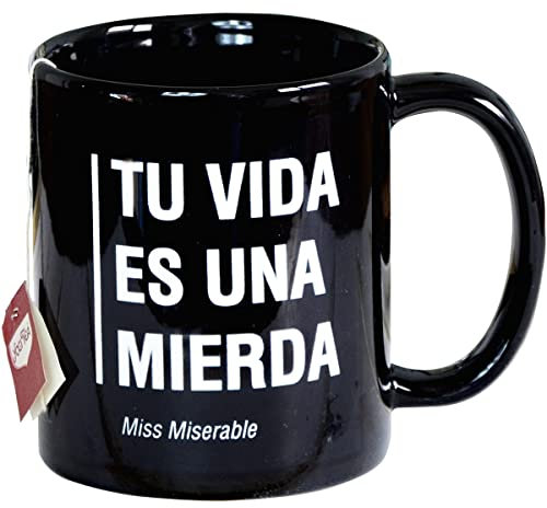 Miss Miserable Tu Vida es una Mierda Taza para Desayuno, Cerámica, Negro con Letras Blancas, 250ml