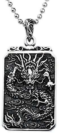 HIJONES Homme Acier Inoxydable Dragon Chinois Chanceux Amulette Dog Tag Pendentif Collier Chaîne 24 Pouces